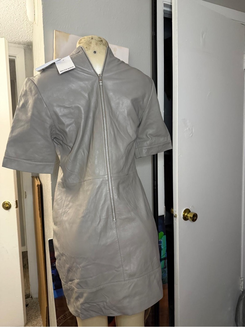 Walter Baker Short-Sleeve Leather Mini Dress - Light Gray